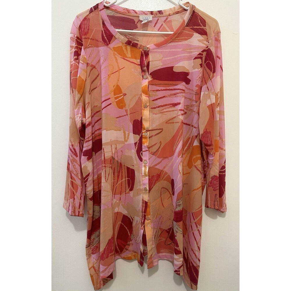 LOGO by Lori Goldstein Sheer Mesh Tunic Top 2X Pink Orange Abstract